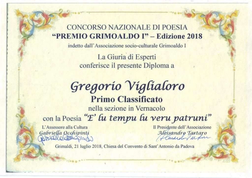 Viglialoro riceve il premio Grimoaldo I per la lirica E’ LU TEMPU LU VERU PATRUNI
